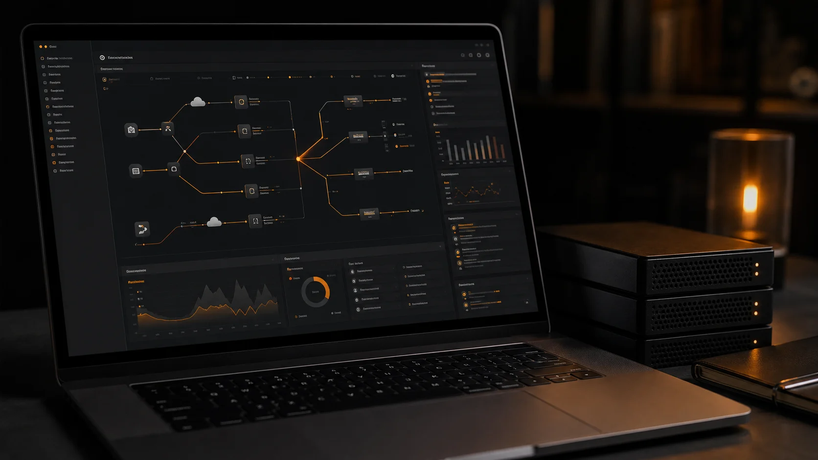 Laptop con mappa di infrastruttura cloud, pipeline dati e monitoraggio, accanto a moduli server su tavolo scuro
