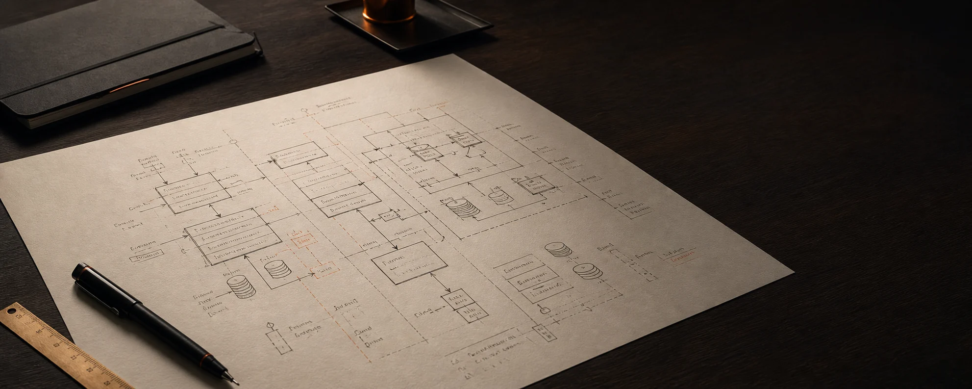 Schema di architettura software su carta tecnica, con moduli di sistema, flussi, penna nera e righello su tavolo scuro